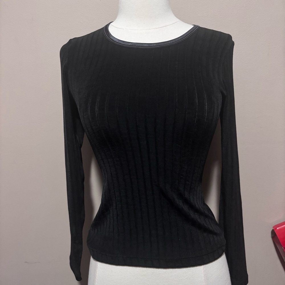 Papillon Blanc Black Mesh Ribbed Long Sleeve Top